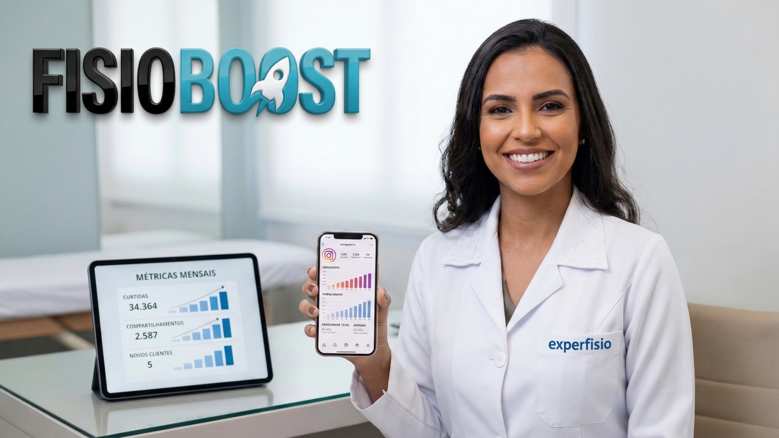 Fisioterapeuta mostrando métricas de crescimento no Instagram com FisioBoost